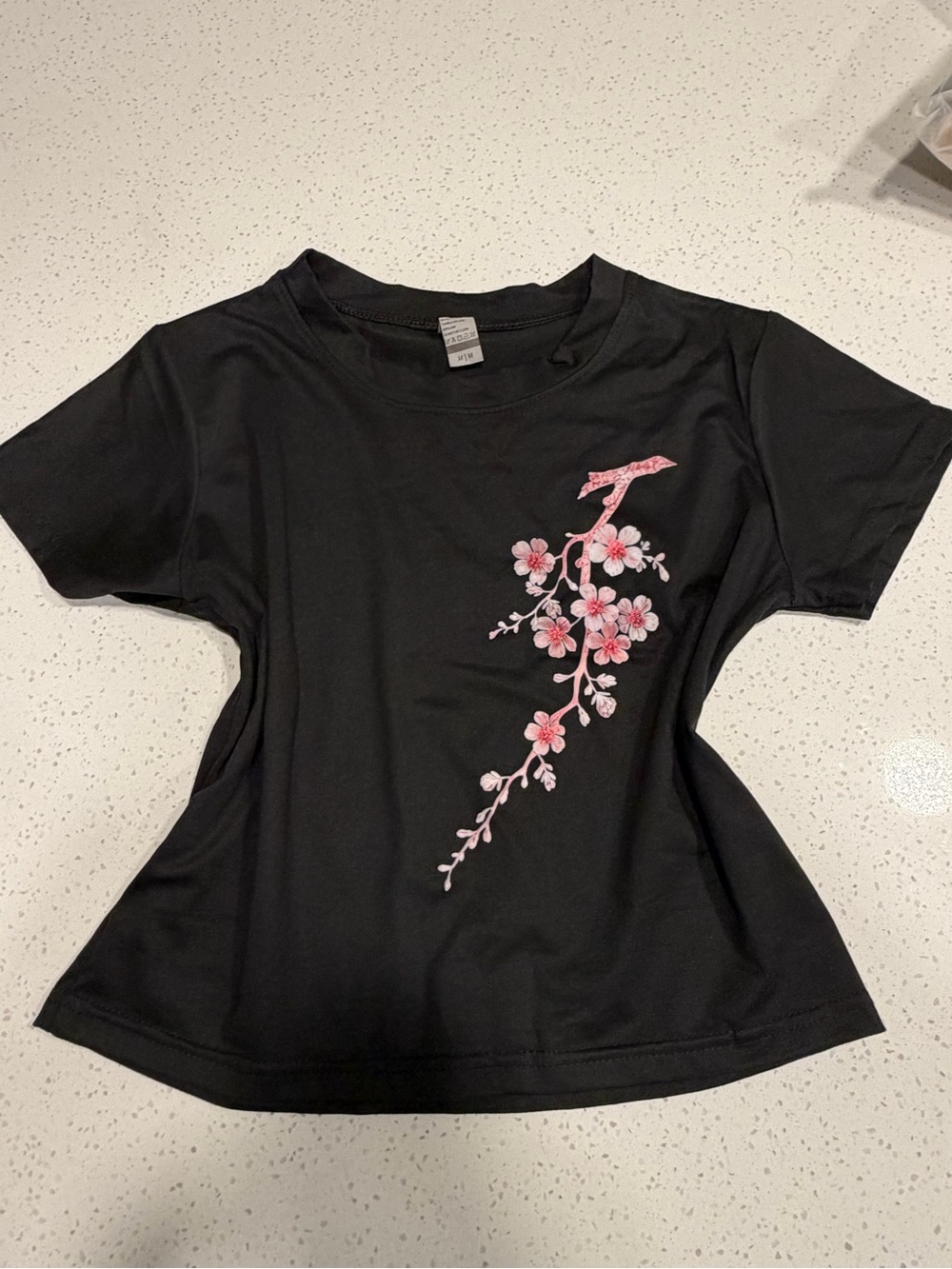 Black Women's Short Sleeve Tee with Pink Cherry Blossom Branch